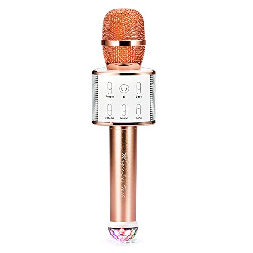 Microphone bluetooth sans fil,Multi-fonction micro karaoke avec des lumières clignotantes(Champagne Gold)