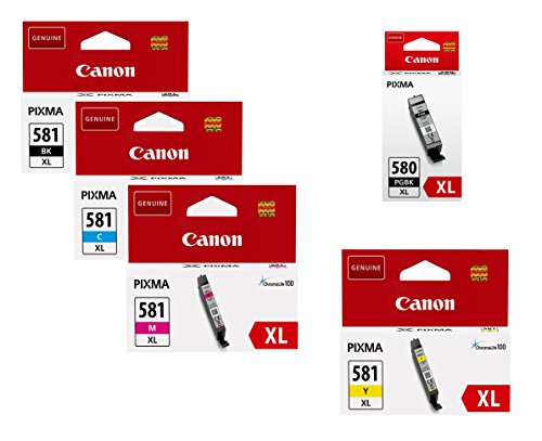 Canon Lot de 5 cartouches d'encre d'origine 580pgbk XL + CLI-8 581 XL Multipack Lot de 5 Noir, Cyan, Magenta, Jaune (op2052 C001 a)