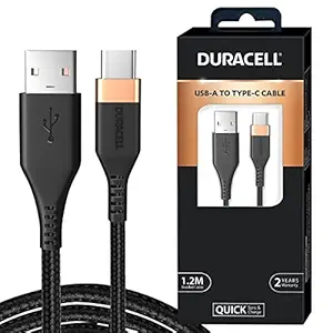 Duracell USB Type C 3A Braided Sync & Fast Charging Cable, 3.9 Feet (1.2M) for All Type - C Devices. Supports QC 2.0/3.0 Charging, with High Speed Data Transmission - Black