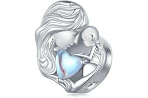 Nbsameng S925 Pendentif en argent sterling pour bracelet et collier Pandora, coeur en argent sterling en pierre de lune pour la mère et l'enfant, cadeau de vacances pour les femmes et les mères