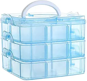 HERLIKE Jewellery Organisers Plastic 3 Layer 18 Grid Square Portable Transparent Storage Detachable Box Organizer Case for Jewelry Sewing Button Earrings Hair (Blue)