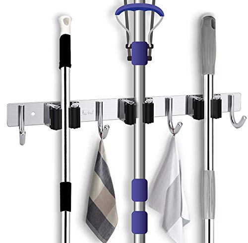 Porte-balai utilitaire Support de rangement pour organisateur de rangement mural en acier inoxydable Favbal en acier inoxydable avec 3 grilles 4 crochets