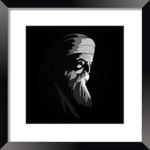 DBrush Guru Nanak Dev ji Painting Modern Art Poster Framed Laminated Coated Blessing Artwork Decor For Livingroom Home office 16x16 Inch Stylish Black Frame Synthetic Wood Dev Ji Black and white Art