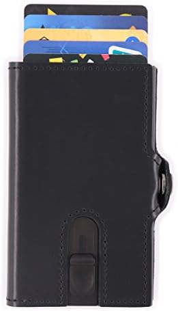 RFID Blocking Gneuine Leather Minimalist Wallet Slim Front Pocket Aluminum Metal Card Holder (Black)