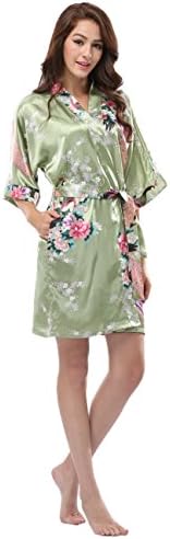 Sunnyhu Women's Satin Robe With Pockets, Peacock Design, Short (XL, Light Green)