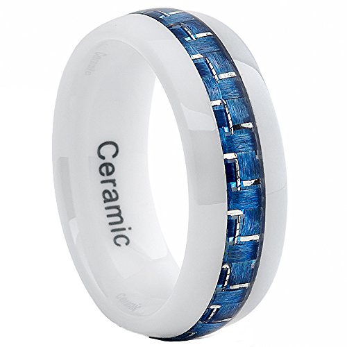 Ultimate Metals Co. 8MM Herren Weiß Keramik Ehering Mit Blau Kohlefaser Einlage,Bequemlichkeit Passen,Größe 50 to 74