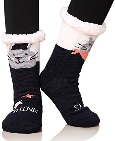 DOFUN Women Girl Warm Winter Fuzzy Fleece Lined Slipper Socks -Cartoon Deer Christmas Socks Gift Idea (Cartoon Black)