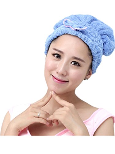Moolecole Fashion Coral Fleece Absorbent Hair Dry Towel Bow-knot Shower Cap Hair Turban Quick Dry Hat Cap Blue