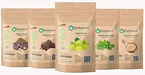 HerbsLand Pure Bio Organic Amla Reetha Shikakai Brahmi Leaf Fenugreek Seed Powder for Face, Skin Care | Hair growth with Anti-Dandruff Treatment | Natural Hair Shampoo (75 gm Each) (375 gm)
