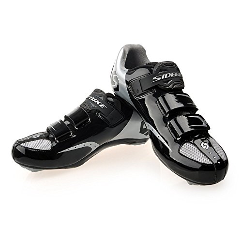 Selighting Zapatillas de Ciclismo Carretera Unisex Profesional con Plantilla Antideslizante Amortiguador para Bicicleta al Aire Libre (45, Negro con plata)