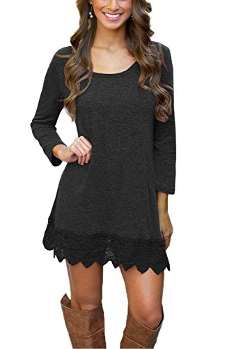 Summer Mae Women's Long Sleeve A-line Lace Stitching Trim Casual Dress