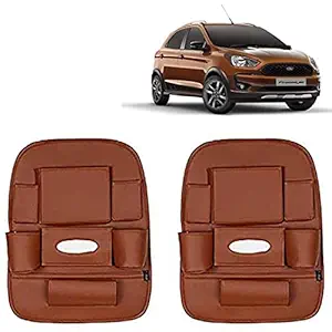 RD Universal PU Leather Car Auto Seat Back Organizer Multi Pocket Travel Storage Bag with Hangers, Tissue Paper and Bottle Holder-Tan Colour Compatible for Ford Freestyle (Pack of 2)