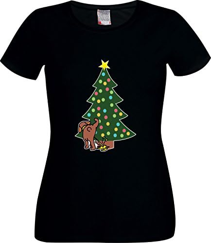 Dog Pee Tee Peeing Christmas Tree Funny Novelty Alternative Xmas Ladies T ShirtWomans Black T-Shirt - Size S Chest 34-35.5 Inch