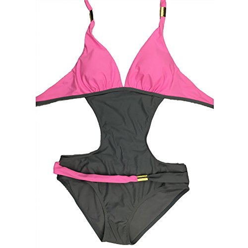 DELEY Damen Farbe Block Neckholder Gepolstert Bikini Brasilianische Urlaub Backless Badeanzüge Bademode Badebekleidung Monokini - 2