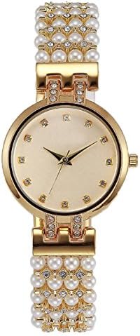 Pearl Strap Alloy Waterproof Round Watch Quartz Watch Spiral Crown Pointer Ladies Watch,Gold-OneSize