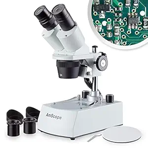 AmScope SE306R-PY-LED Forward-Mounted Binocular Stereo Microscope, WF10x and WF15x Eyepieces, 20X/30X/40X/60X Magnification, 2X and 4X Objectives, Upper and Lower LED Lighting