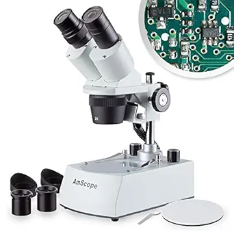 AmScope SE306R-PZ-LED Forward-Mounted Binocular Stereo Microscope, WF10x and WF20x Eyepieces, 20X/40X/80X Magnification, 2X and 4X Objectives, Upper and Lower LED Lighting