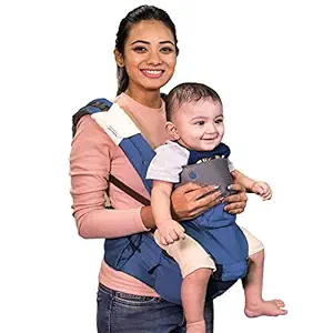 Polka Tots Ergonomic Baby Hip Seat / 6 in 1 Baby Carrier with Airbag Seat and Adjustable Waist and Excellent Lumbar Support, Highly Suitable for C Section Mothers, with Trendy Carry Bag (Blue)