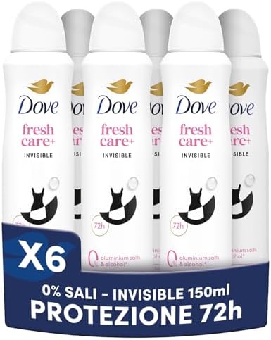 Dove Deodorante Spray Fresh+ Care 0% Sali Invisible, Deodorante 72 Ore Protezione Sudore e Odori, Anti Macchie sui Vestiti, con Zinco Antibatterico, 0% Sali di Alluminio, 6 pezzi da 150ml