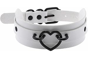 Borsgye Punk Leather Goth Choker Collar Adjustable Rock PU Leather Choker Necklaces Teen Girls Cosplay Jewelry Vintage Necklaces White with Black Heart