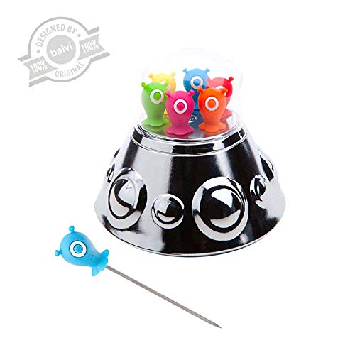 Balvi Tenedor Aperitivo UFO Party con 6 Palillos metálicos con Forma de Extraterrestres con Base en Forma de OVNI para guardarlos Plástico ABS/INOX