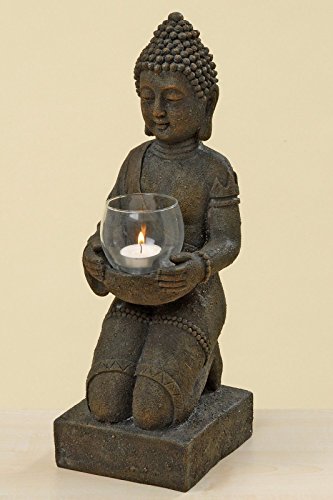 B&G - Statuetta raffigurante Buddha in ginocchio con portacandela antivento, in resina sintetica, per Feng Shui, altezza: ca. 44 cm