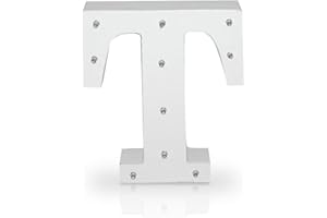 K AKTUAL Letra T en Madera Blanca Iluminada con 10 Luces LED - Decoración e Iluminación de Escaparates o Espacios - Ideal para Apoyar o Colgar - Funciona con Pilas AAA - Altura 15 cm - Aktual