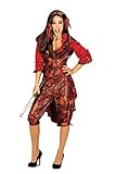 Elegantes Piraten/Freibeuterin Outfit rot-braun: Rote Bluse mit schwarzer Spitze, Weste mit Schnürung (reicht auf Rückenseite bis zum Knie) inkl. Kniebundhose.