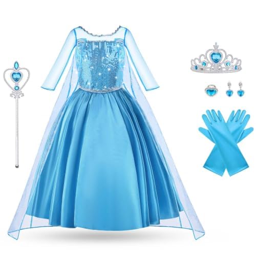 Vicloon Prinsessenkostuum Meisjes,Jurk Blauw/Geel met Diadeem, Toverstaff, Handschoenen en Andere Accessoires, voor Kerstmis, Carnaval, Party, Halloween