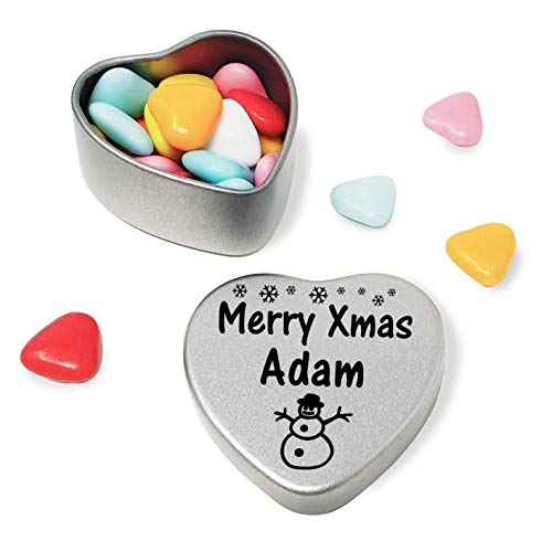 Merry Xmas Adam Heart Shaped Mini Tin Gift filled with mini coloured chocolates perfect card alternative for Adam Fun Festive Snowman Design