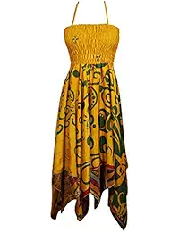 Women Sexy Halter Dress Silk Sari Handkerchief Hem Printed Midi Dresses M