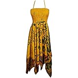 Women Sexy Halter Dress Silk Sari Handkerchief Hem Printed Midi Dresses M