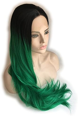 Cupidlovehair Long Natural Straight Curly Black Ombre Dark Green Color Synthetic Lace Front Wigs 26inch