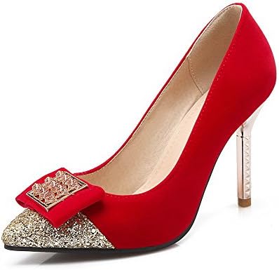 Odomolor Women's Frosted Pull On Pointed Closed Toe Spikes Stilettos Solid Pumps-Shoes, Red, 34