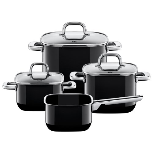 Silit Topf-Set 4-teilig Bratentopf Fleischtopf Stielkasserolle Quadro Black Quadratische Topfform stapelbar Made in Germany Ganzmetallgriffe Glasdeckel Silargan Funktionskeramik induktionsgeeignet spülmaschinengeeignet