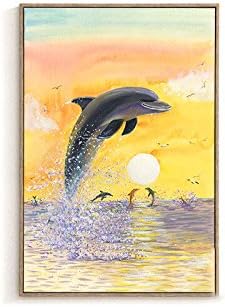 Paintsh  Living Room Decorative Painting Porch Hanging Painting Oil Painting Sofa Background Wall Painting Simple Modern Corridor Lucky Feng Shui Home Dolphin Love, 50 * 70Cm Simple Black Frame, Sunset 02 (Right) Single