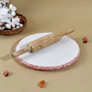 Saudeep India Premium Painted Natural White Marble Chakla/Roti Maker 9.5 Inchs Diameter with Wooden Belan (Red)