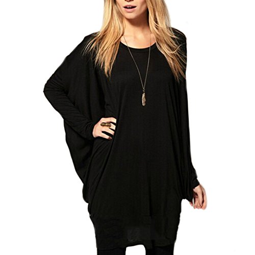 TopTie Womens Solid Batwing Sleeve Oversize Blouse Top Casual Long T-shirt - Black,M