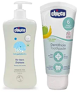 Chicco No-tears Shampoo for Soft and Tangle-free Baby Hair, Dermatologically tested, Paraben free (500 ml) & Chicco Toothpaste (Mela-Applebanana), 50ml