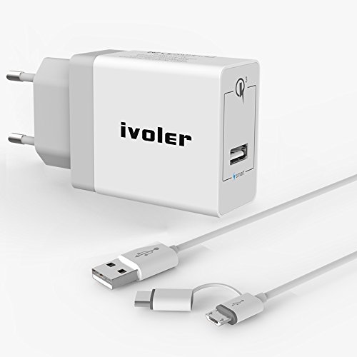 iVoler Quick Charge 3.0 Type C 18W Caricabatteria USB da Muro con Cavo 2 in 1 Tipo C e Micro USB Cavo Ricarica per Samsung Galaxy S9/S9 Plus/S8/S8+/S7/S7 Edge/ S6/S6 Edge/+/Note 8/5/4/Edge, LG G6/G5/G4, Asus Zenfone 4/3/2, Android Smartphone, Tablet, iPhone, iPad, e gli altri dispositivi USB (Bianco)