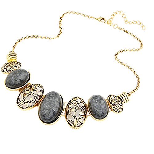 Yazilind Ethnic Style Gold Plated Black Oval Stone Bib Statement Necklace Women
