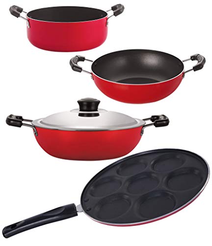 Nirlon Aluminium Cookware Set, 4-Pieces, Red and Black, 2.6mm_DKDB_KD12_UP_Cass22