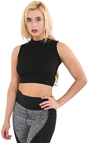 New Womens Ribbed Sleeveless Short Turtle Neck Vest Ladies Crop Top Size 6-12 (6, Black)