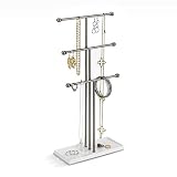 Umbra Trigem Schmuckbaum - Extra Hoher Schmuckständer für Ketten mit integrierter Schmuckablage für Ringe, Ohrringe, Armbänder, Uhren und Accessoires, 3-stufig, Metall, Weiß / Nickel
