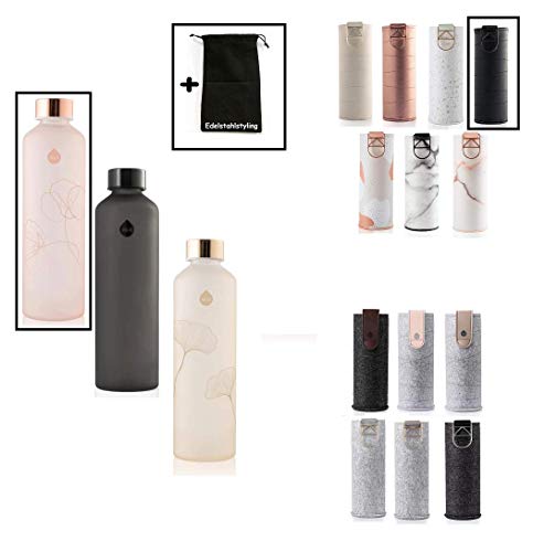 Equa Mismatch Glasflasche Trinkflasche Borosilikat Glas 750 ml mit Kunstleder- oder Filzhülle + Edelstahlstyling Stoffbeutel (Bloom (Rose) mit Kunstlederhülle Graphite)