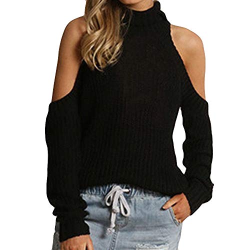 Lazzboy Women Sweater Knitted Tops Off Shoulder Long Sleeve Strapless Plain Turtleneck Chunky Jumper