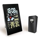 PANTALLA LCD GRANDE: el reloj del pronóstico viene con una pantalla LCD grande, clara y precisa. La pantalla mostrará el reloj y el calendario, el mes y la fecha. La visualización de la hora en formato de 12/24 horas es opcional, temperatura interior y exterior, pronóstico del tiempo y fase lunar.