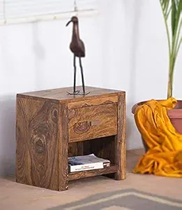 Dews Furniture Solid Wood Bedside End Table with Drawer and Storage (Brown Finish)