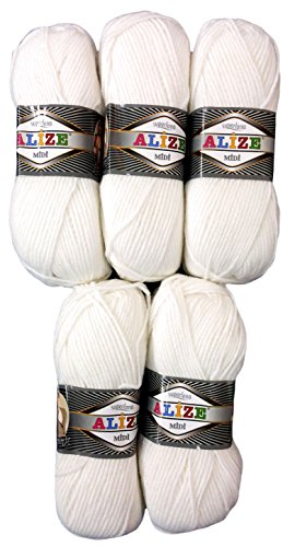 5 x 100 Gramm Alize superlana Wolle weiss, Nr. 55, 500 Gramm Strickwolle 75% Acryl 25% Wolle