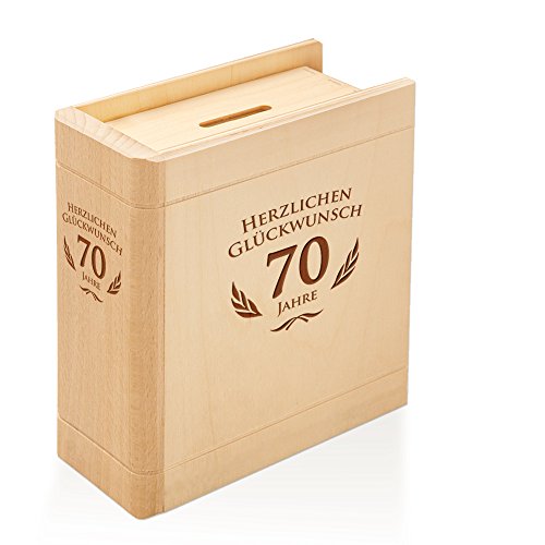 Spardose Buch aus Holz zum 70. Geburtstag mit Gravur – Sparbuch als originelles Geburtstagsgeschenk für Geld – Geldgeschenk-Sparbüchse aus Ahornholz – 13,5 x 16,5 x 6,5 cm - 6